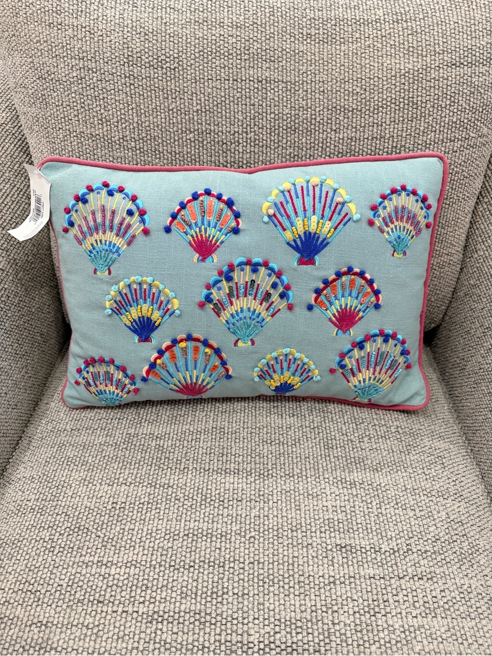 Embroidered Seashell Accent Pillow - Blue with Pink Trim